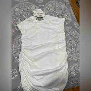White ruched mini rosette dress
